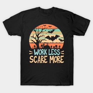 Work Less, Scare More! Halloween Vintage Sunset Bats Grave T-Shirt